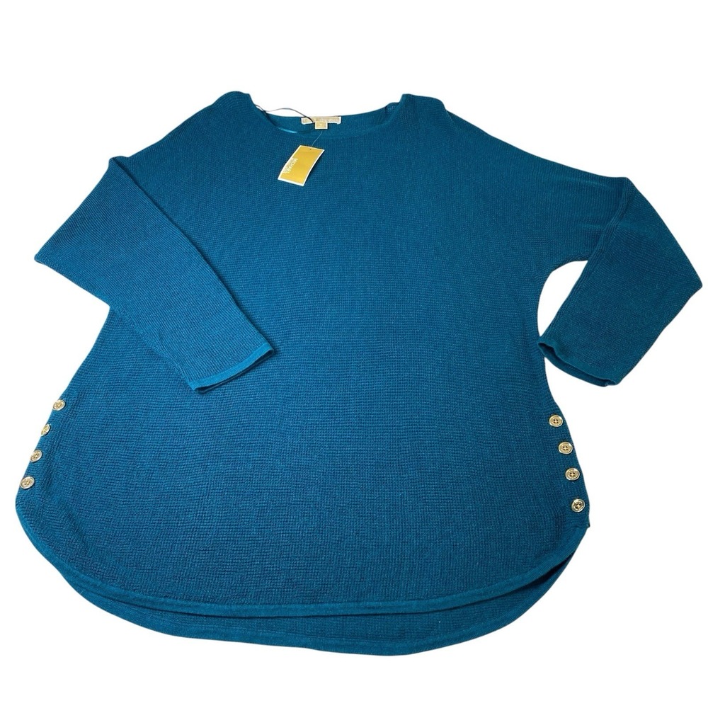 Michael Kors XL Luxe Teal Knit Tunic Sweater Top Button Accents Dolman Sleeve